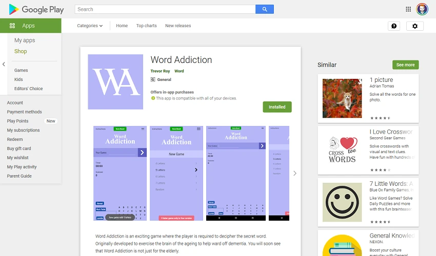 Word Addiction — original project interface